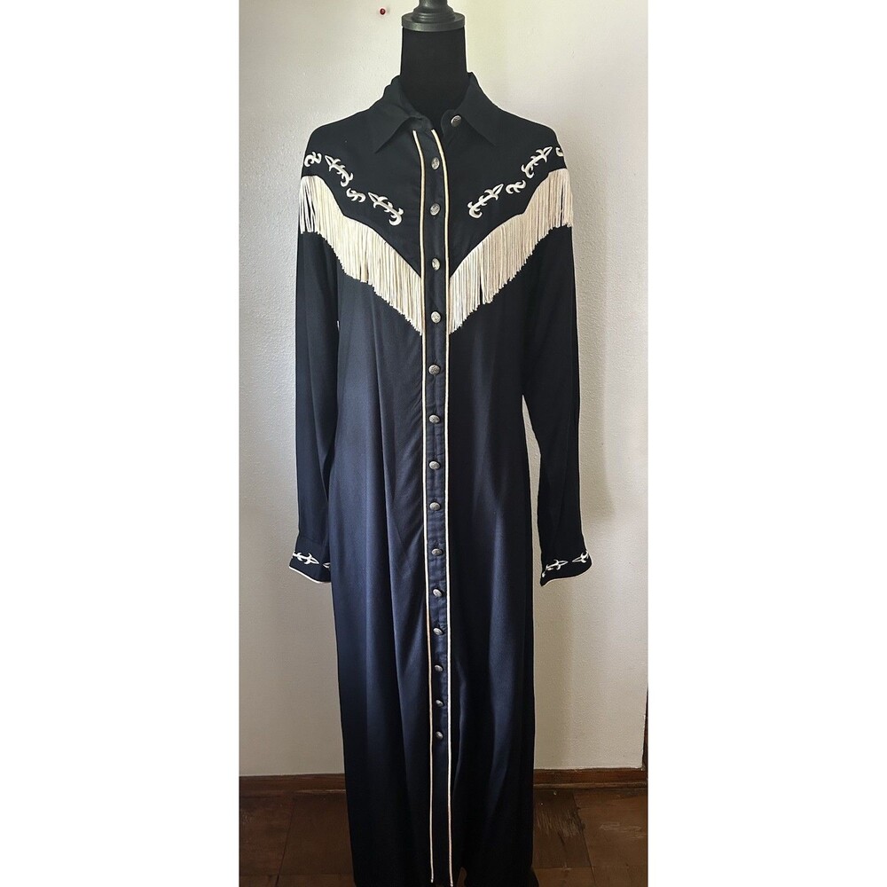 Rod’s Vintage 90’s Fringed Maxi Dress/Duster Embroidered Size XL Rodeo Cowgirl - Picture 2 of 16